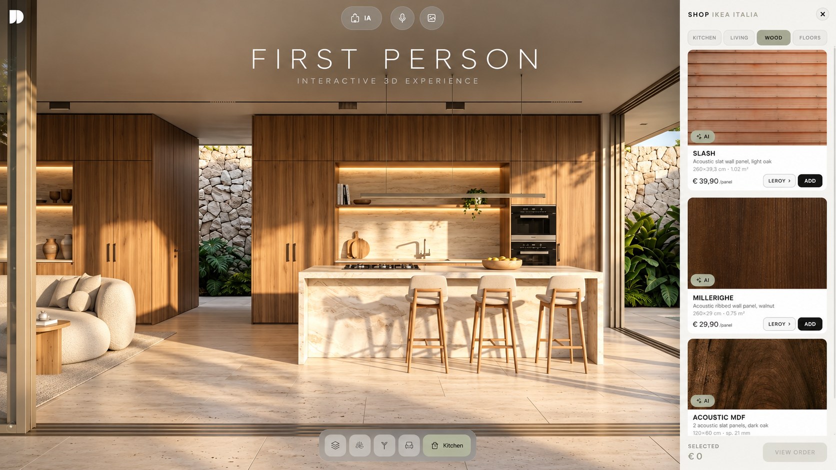First Person showroom: kitchen with a marble island beside a shop panel of wall finishes